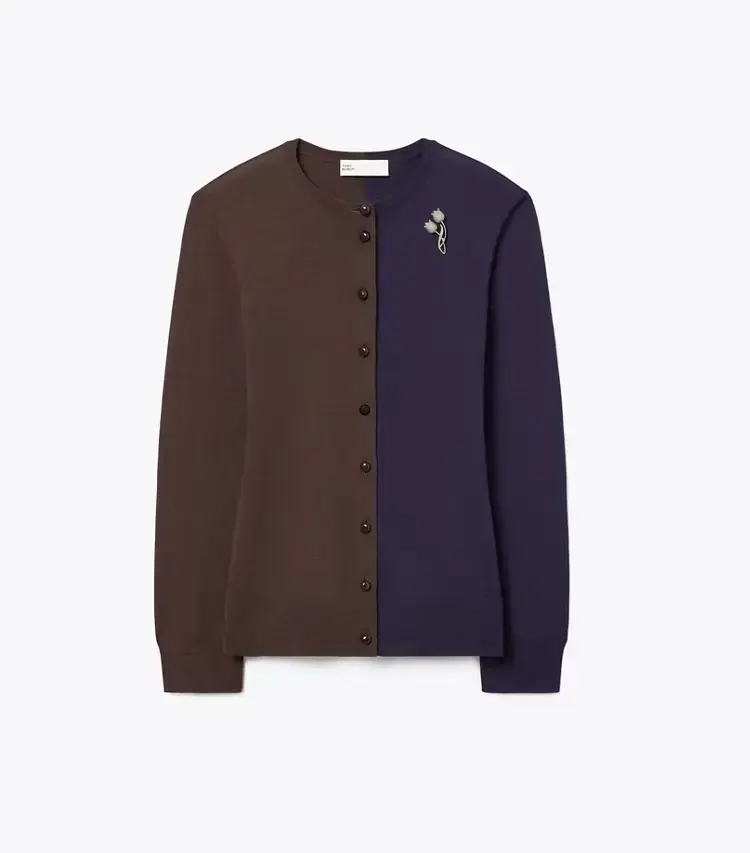 Brooch Color-Block Wool Cardigan